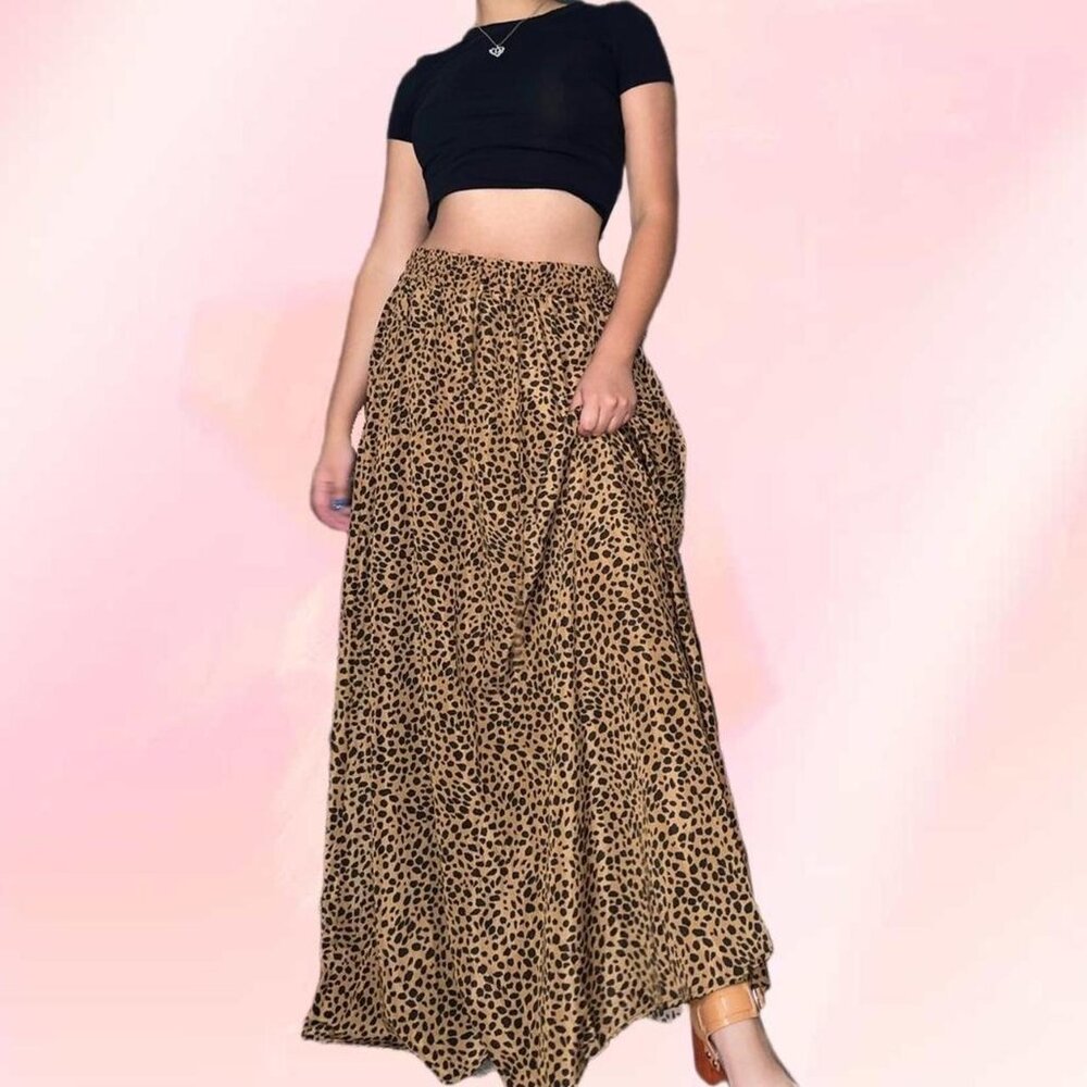 Y2k brown and black leopard print maxi skirt